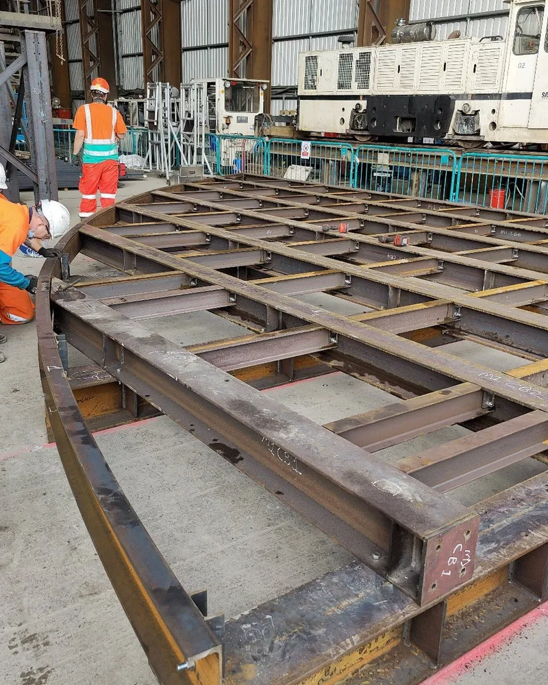 MSR welders fabricating a heavy steel grillage frame in the Bootle works